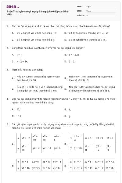 5 câu Trắc nghiệm Đại lượng tỉ lệ nghịch có đáp án (Nhận biết)