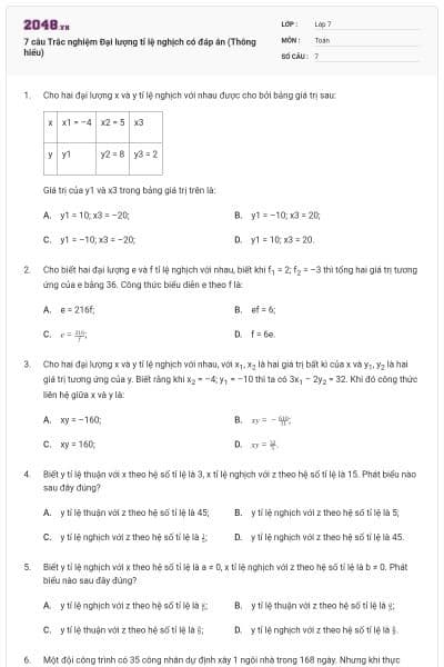 7 câu Trắc nghiệm Đại lượng tỉ lệ nghịch có đáp án (Thông hiểu)