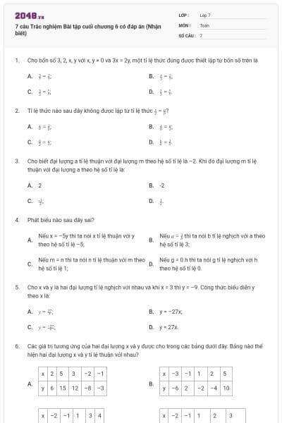 7 câu Trắc nghiệm Bài tập cuối chương 6 có đáp án (Nhận biết)
