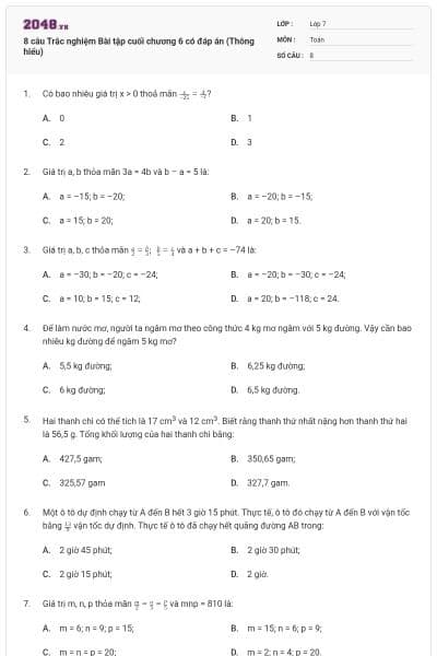 8 câu Trắc nghiệm Bài tập cuối chương 6 có đáp án (Thông hiểu)