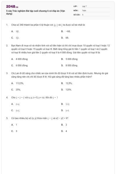 5 câu Trắc nghiệm Bài tập cuối chương 6 có đáp án (Vận dụng)