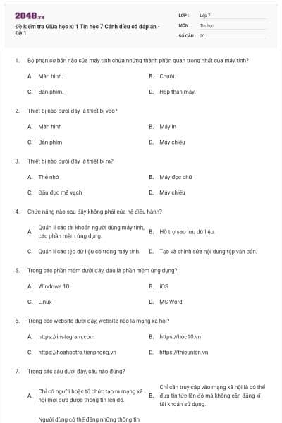Đề kiểm tra Giữa học kì 1 Tin học 7 Cánh diều có đáp án - Đề 1