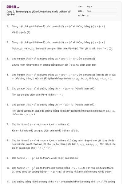 Dạng 2. Sự tương giao giữa đường thẳng và đồ thị hàm số bậc hai.