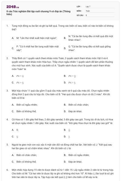 8 câu Trắc nghiệm Bài tập cuối chương 9 có đáp án (Thông hiểu)