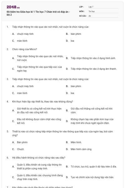Đề kiểm tra Giữa học kì 1 Tin học 7 Chân trời có đáp án - Đề 2