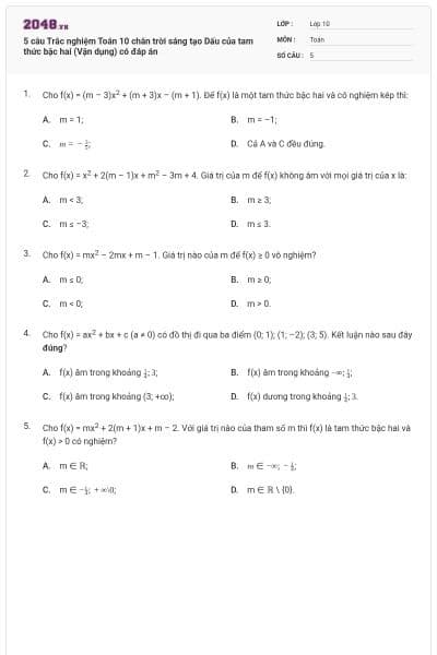 5 câu Trắc nghiệm Toán 10 chân trời sáng tạo Dấu của tam thức bậc hai (Vận dụng) có đáp án