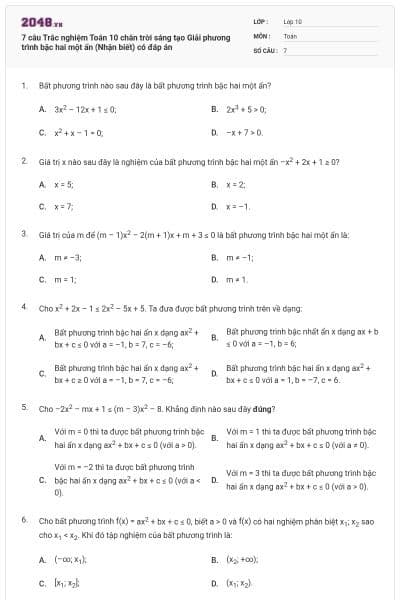 7 câu Trắc nghiệm Toán 10 chân trời sáng tạo Giải phương trình bậc hai một ẩn (Nhận biết) có đáp án