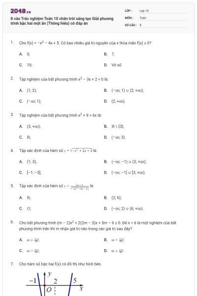 8 câu Trắc nghiệm Toán 10 chân trời sáng tạo Giải phương trình bậc hai một ẩn (Thông hiểu) có đáp án