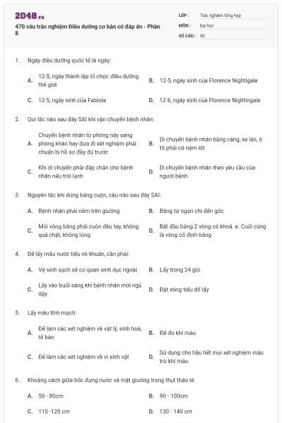 470 câu trắc nghiệm Điều dưỡng cơ bản có đáp án - Phần 8