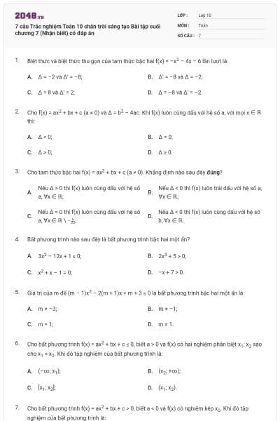 7 câu Trắc nghiệm Toán 10 chân trời sáng tạo Bài tập cuối chương 7 (Nhận biết) có đáp án