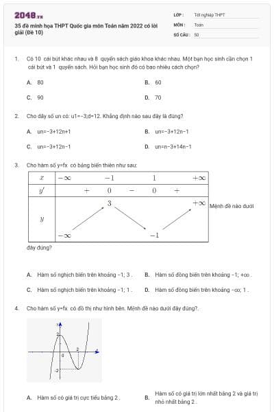 35 đề minh họa THPT Quốc gia môn Toán năm 2022 có lời giải (Đề 10)