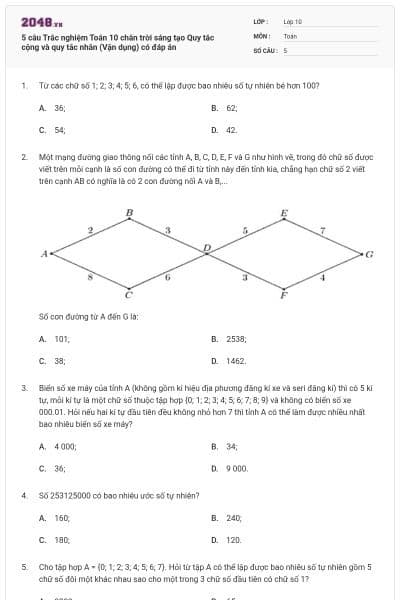 5 câu Trắc nghiệm Toán 10 chân trời sáng tạo Quy tắc cộng và quy tắc nhân (Vận dụng) có đáp án