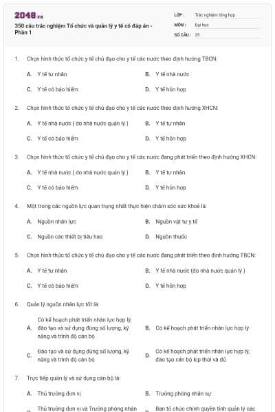 350 câu trắc nghiệm Tổ chức và quản lý y tế có đáp án - Phần 1