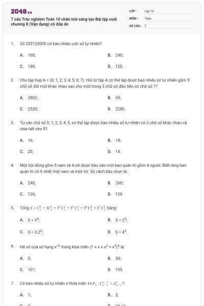 7 câu Trắc nghiệm Toán 10 chân trời sáng tạo Bài tập cuối chương 8 (Vận dụng) có đáp án