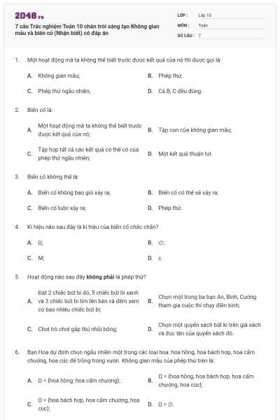 7 câu Trắc nghiệm Toán 10 chân trời sáng tạo Không gian mẫu và biến cố (Nhận biết) có đáp án