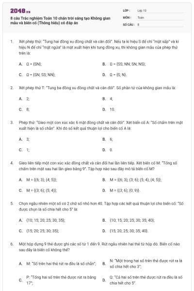8 câu Trắc nghiệm Toán 10 chân trời sáng tạo Không gian mẫu và biến cố (Thông hiểu) có đáp án