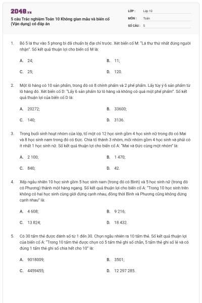5 câu Trắc nghiệm Toán 10 Không gian mẫu và biến cố (Vận dụng) có đáp án