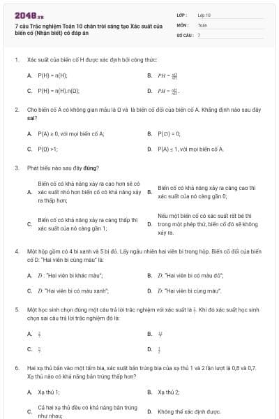7 câu Trắc nghiệm Toán 10 chân trời sáng tạo Xác suất của biến cố (Nhận biết) có đáp án