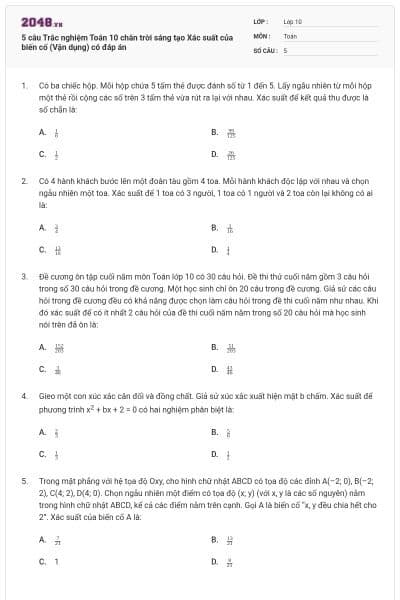 5 câu Trắc nghiệm Toán 10 chân trời sáng tạo Xác suất của biến cố (Vận dụng) có đáp án