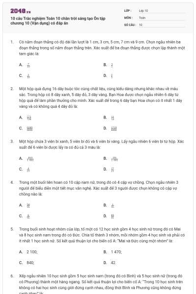 10 câu Trắc nghiệm Toán 10 chân trời sáng tạo Ôn tập chương 10 (Vận dụng) có đáp án