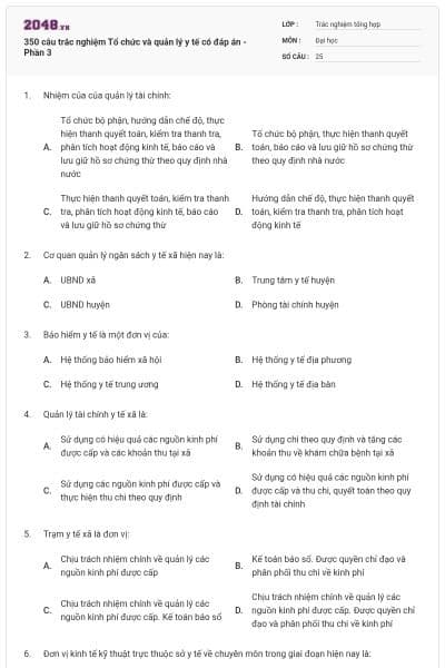 350 câu trắc nghiệm Tổ chức và quản lý y tế có đáp án - Phần 3