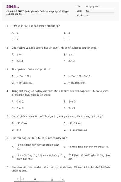 Đề thi thử THPT Quốc gia môn Toán có chọn lọc và lời giải chi tiết (Đề 20)
