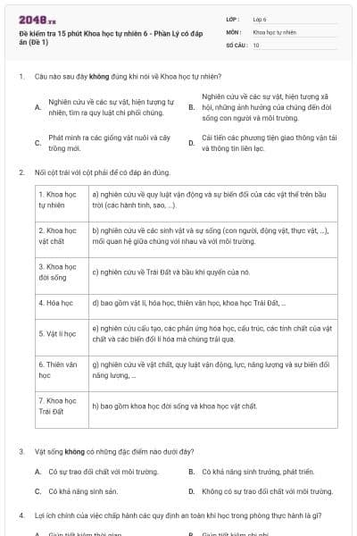 Đề kiểm tra 15 phút Khoa học tự nhiên 6 - Phần Lý có đáp án (Đề 1)