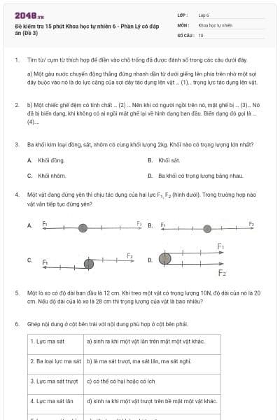 Đề kiểm tra 15 phút Khoa học tự nhiên 6 - Phần Lý có đáp án (Đề 3)