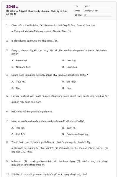 Đề kiểm tra 15 phút Khoa học tự nhiên 6 - Phần Lý có đáp án (Đề 4)