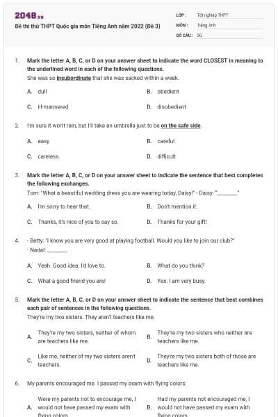 Đề thi thử THPT Quốc gia môn Tiếng Anh năm 2022 (Đề 3)