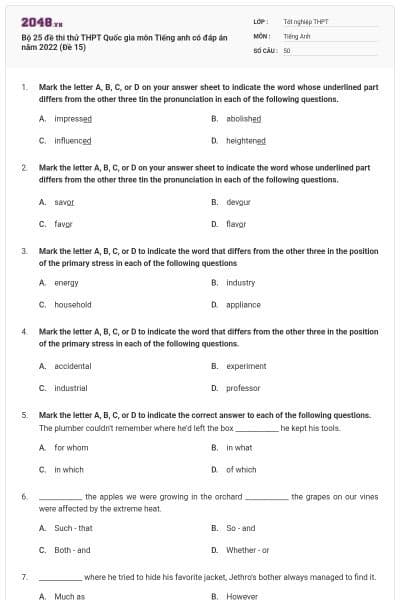 Bộ 25 đề thi thử THPT Quốc gia môn Tiếng anh có đáp án năm 2022 (Đề 15)