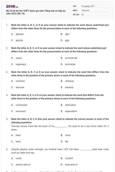 Bộ 25 đề thi thử THPT Quốc gia môn Tiếng anh có đáp án năm 2022 (Đề 16)
