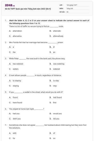 Đề thi THPT Quốc gia môn Tiếng Anh năm 2022 (Đề 4)