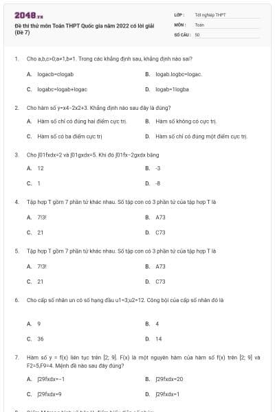 Đề thi thử môn Toán THPT Quốc gia năm 2022 có lời giải (Đề 7)
