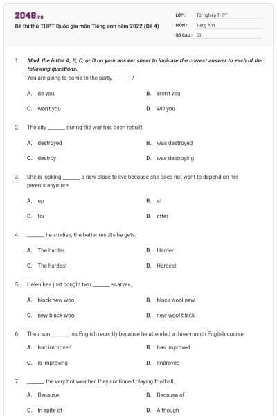 Đề thi thử THPT Quốc gia môn Tiếng anh năm 2022 (Đề 4)