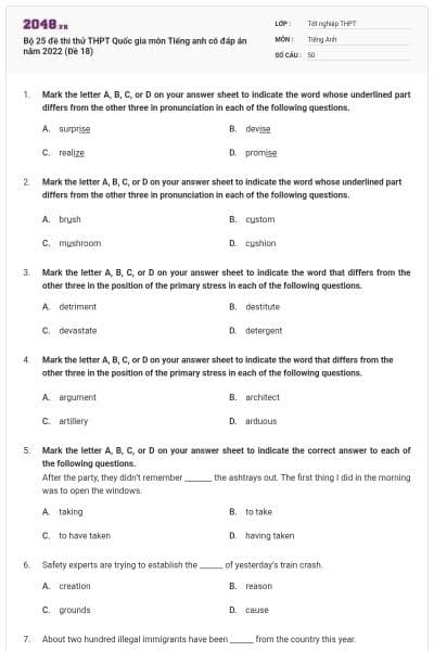 Bộ 25 đề thi thử THPT Quốc gia môn Tiếng anh có đáp án năm 2022 (Đề 18)