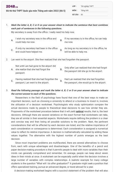 Đề thi thử THPT Quốc gia môn Tiếng anh năm 2022 (Đề 5)