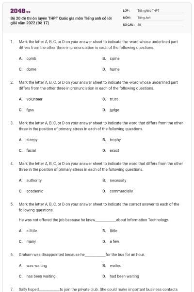 Bộ 20 đề thi ôn luyện THPT Quốc gia môn Tiếng anh có lời giải năm 2022 (Đề 17)
