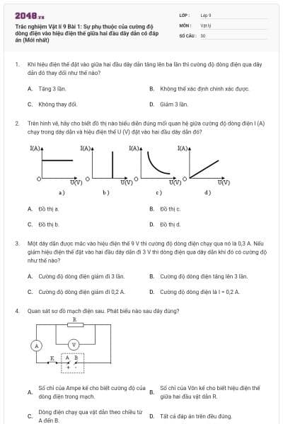 Trắc nghiệm Vật lí 9 Bài 1: Sự phụ thuộc của cường độ dòng điện vào hiệu điện thế giữa hai đầu dây dẫn có đáp án (Mới nhất)