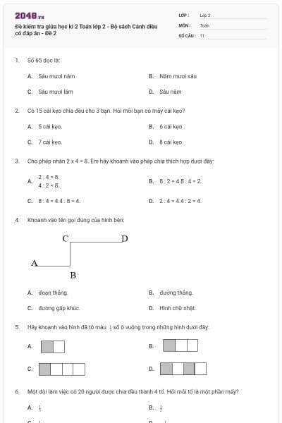 Đề kiểm tra giữa học kì 2 Toán lớp 2 - Bộ sách Cánh diều có đáp án - Đề 2
