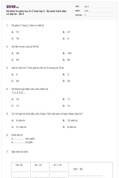 Đề kiểm tra giữa học kì 2 Toán lớp 2 - Bộ sách Cánh diều có đáp án - Đề 4