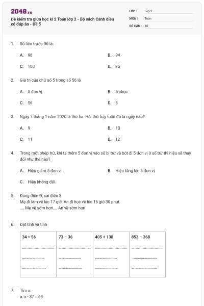 Đề kiểm tra giữa học kì 2 Toán lớp 2 - Bộ sách Cánh diều có đáp án - Đề 5