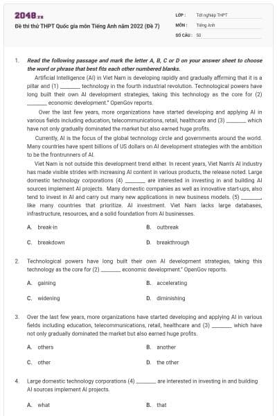 Đề thi thử THPT Quốc gia môn Tiếng Anh năm 2022 (Đề 7)