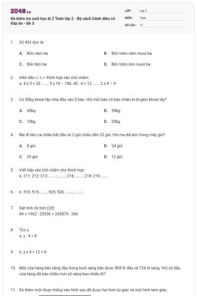 Đề kiểm tra cuối học kì 2 Toán lớp 2 - Bộ sách Cánh diều có đáp án - Đề 3