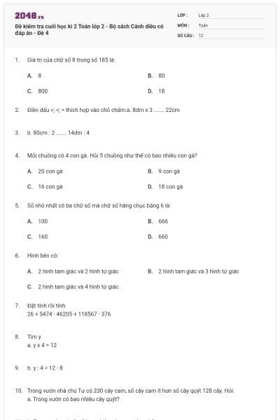 Đề kiểm tra cuối học kì 2 Toán lớp 2 - Bộ sách Cánh diều có đáp án - Đề 4