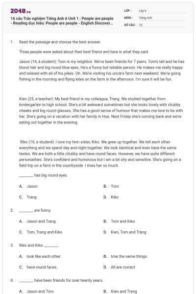 16 câu Trắc nghiệm Tiếng Anh 6 Unit 1 : People are people - Reading đọc hiểu: People are people - English Discovery có đáp án