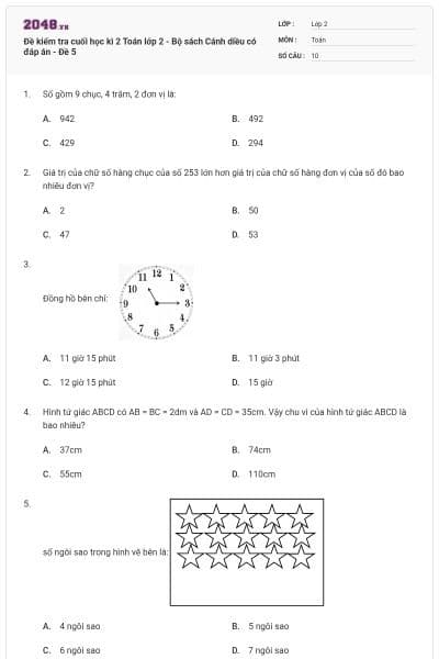Đề kiểm tra cuối học kì 2 Toán lớp 2 - Bộ sách Cánh diều có đáp án - Đề 5