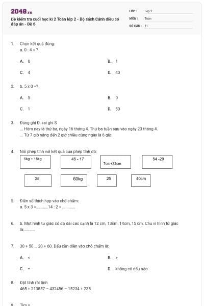 Đề kiểm tra cuối học kì 2 Toán lớp 2 - Bộ sách Cánh diều có đáp án - Đề 6