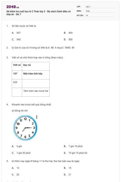 Đề kiểm tra cuối học kì 2 Toán lớp 2 - Bộ sách Cánh diều có đáp án - Đề 7