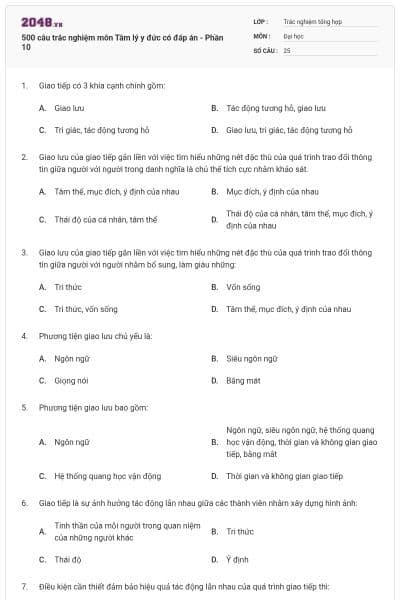 500 câu trắc nghiệm môn Tâm lý y đức có đáp án - Phần 10